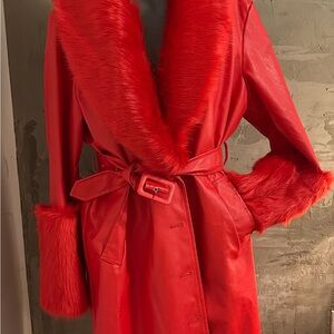 Luxurious Red Faux Fur Trimmed Coat
